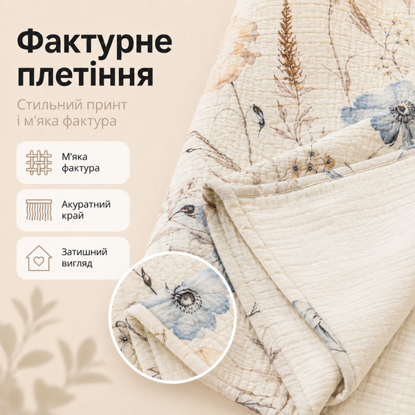 Плед-покривало двостороннє з 5-шарового мусліну 210&times;250 см, молочний, блакитні та коричневі квіти  mus-bla-011 фото