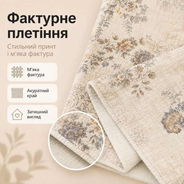 Плед-покривало двостороннє з 5-шарового мусліну 210&times;250 см, молочний, сірі, коричневі та сині квіти  mus-bla-013 фото