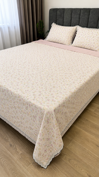 Комплект постільної білизни Mercy Home Collection з вареної бавовни Євро 200&times;230 см з мереживом, біло-рожевий з квітами var-bav-mercy-2 фото