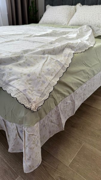 Комплект постільної білизни Mercy Home Collection з вареної бавовни Євро 200&times;230 см з мереживом, біло-салатовий з квітами var-bav-mercy-4 фото