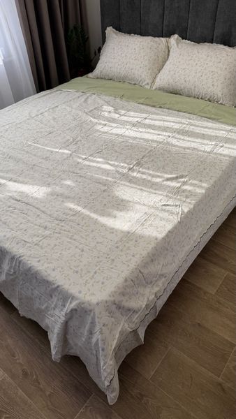 Комплект постільної білизни Mercy Home Collection з вареної бавовни Євро 200&times;230 см з мереживом, біло-салатовий з квітами var-bav-mercy-4 фото