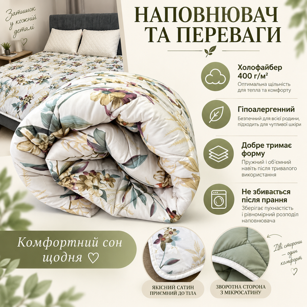 Ковдра двостороння LERI MAX з холофайбером 180&times;210 см, сатин/мікросатин, 400 г/м&sup2;, зелена lmx-hol-grn-180 фото