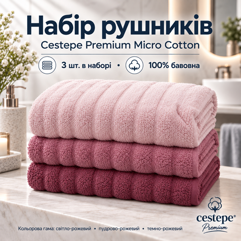 Набір махрових рушників Cestepe Premium Ezgi &mdash; 3 шт., 50&times;90 см, 100% бавовна, рожевий ts-007 фото