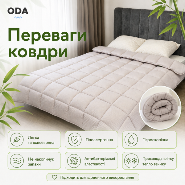 Одеяло всесезонное ODA Bamboo с бамбуковым волокном 350 г/м&sup2;, микрофибра, 200x220 см, светло-серое bam-sle-bla-009 фото