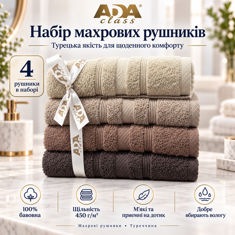 Набір махрових рушників ADA Class 100&times;150 см 4 шт Бежево-коричнева гама ADA-024 фото